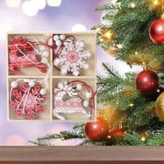 Nikcorp Drveni Božićni Ukrasi za Bor, Set 12 komada, privjesci za jelku s vezicom, prirodno drvo, crvena i bijela boja