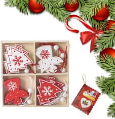 Nikcorp Božićni drveni ukrasi za bor, set 12 komada, privjesci za jelku, girlande i vijence, glatki, s vezicom, crveni i bijeli