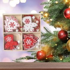 Nikcorp Božićni drveni ukrasi za bor, set 12 komada, privjesci za jelku, girlande i vijence, glatki, s vezicom, crveni i bijeli