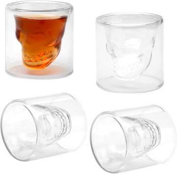 Nikcorp Set 4 čaše za žestoka pića u obliku lubanje, 75 ml, od borosilikatnog stakla, za Halloween, party, poklon, prozirne