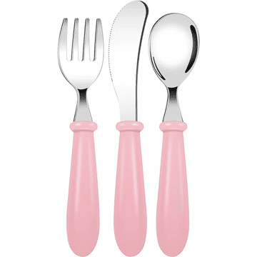 Nikcorp Dječji pribor za jelo za učenje samostalnog hranjenja, sigurni zaobljeni rubovi, nehrđajući čelik, 3 komada, roza boja