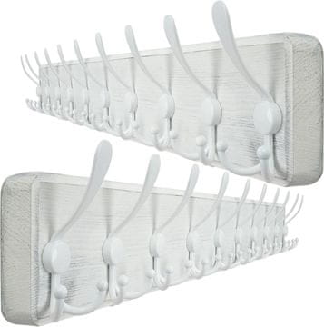 Nikcorp Zidna vješalica drvena, set 2 kom, za kapute i jakne, 10 metalnih kukica, rustikalni vintage stil, bijela, 98 cm