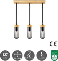 Nikcorp Moderna viseća svjetiljka s 3 žarulje za dnevni boravak, podesiva visina, E27 grlo, metal, drvo i dimljeno staklo, crna, 60x132 cm