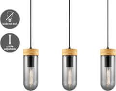 Nikcorp Moderna viseća svjetiljka s 3 žarulje za dnevni boravak, podesiva visina, E27 grlo, metal, drvo i dimljeno staklo, crna, 60x132 cm