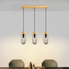 Nikcorp Moderna viseća svjetiljka s 3 žarulje za dnevni boravak, podesiva visina, E27 grlo, metal, drvo i dimljeno staklo, crna, 60x132 cm