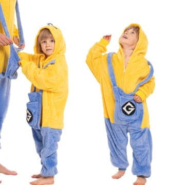Nikcorp Dječja pidžama Kigurumi Minion, jednodijelni kostim za spavanje i igru, mekani topli kombinezon s kapuljačom, žuta, 115-125 cm
