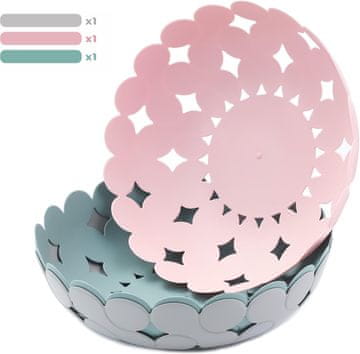 Nikcorp Set 3 ukrasne košare za voće, višenamjenske zdjele za povrće i grickalice, PP materijal bez BPA, roza, plava, siva