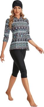 Nikcorp Ženski kupaći kostim s uzorkom za plivanje i surfanje, prozračan i brzo sušeći materijal, 3/4 rukavi, crni, XXL