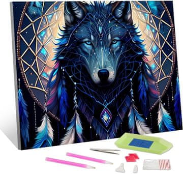 Nikcorp 5D slikanje dijamantima Plavi indijanski vuk, kreativni set za opuštanje i DIY dekoraciju, samoljepljivo platno 30x40 cm