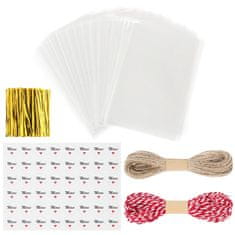 Nikcorp Prozirne celofanske vrećice 200 kom, set za pakiranje poklona s naljepnicama i vezicama, vodootporne, 10x15 cm