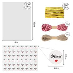 Nikcorp Prozirne celofanske vrećice 200 kom, set za pakiranje poklona s naljepnicama i vezicama, vodootporne, 10x15 cm