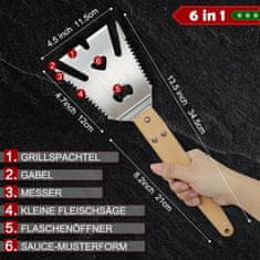 Nikcorp Višenamjenska lopatica za roštilj 6u1, nehrđajući čelik s drvenom ručkom, pribor za roštiljanje, kampiranje i piknik, 34,5 cm