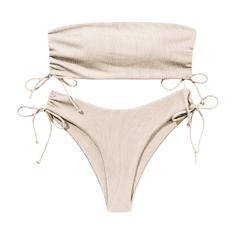 Nikcorp Dvodijelni kupaći kostim bikini push up s visokim strukom, bandeau top bez naramenica, rebrasti materijal, bež boja, M