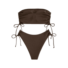 Nikcorp Dvodijelni kupaći kostim bikini push up s visokim strukom, rebrasti bandeau top bez naramenica za plažu i bazen, smeđi M