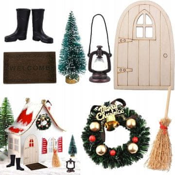 Nikcorp Set minijaturnih božićnih ukrasa za kućicu za lutke, DIY dekoracije za vilinski vrt, božićno drvce, vijenac, raznobojni