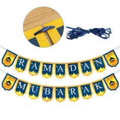 Nikcorp Ramadan Mubarak banner za blagdansko uređenje doma, višekratna girlanda od 18 zastavica, DIY set s trakom, plavo-zlatni