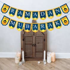 Nikcorp Ramadan Mubarak banner za blagdansko uređenje doma, višekratna girlanda od 18 zastavica, DIY set s trakom, plavo-zlatni