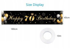 Nikcorp Rođendanski banner za 70. rođendan, elegantna dekoracija za proslave, za unutarnju i vanjsku upotrebu, crno-zlatni 180x40cm