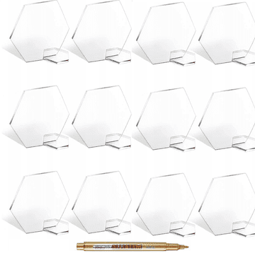 Nikcorp Akrilne pločice za stol 25 kom, šesterokutne prozirne kartice za imena gostiju sa stalkom i zlatnim markerom za vjenčanje