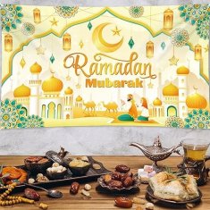 Nikcorp Ramadan Mubarak banner za blagdansko uređenje, unutarnja i vanjska dekoracija s islamskim motivima, poliester, plavi, 185x110 cm