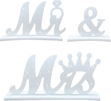 Nikcorp Dekoracija za vjenčani stol Mr & Mrs, elegantni natpis za mladence, od bijelog filca sa šljokicama, samostojeći set 3 kom