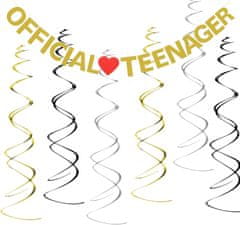 Nikcorp Baner za 13. rođendan OFFICIAL TEENAGER, viseća girlanda za nezaboravnu proslavu, sjajni ukras sa crvenim srcem, zlatna/crna/srebrna