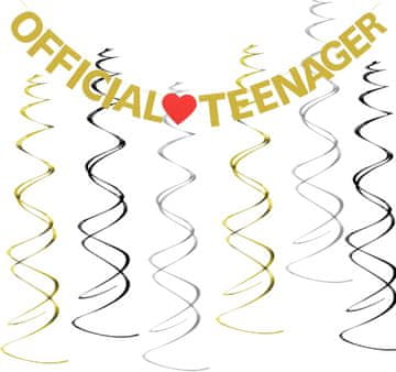 Nikcorp Baner za 13. rođendan OFFICIAL TEENAGER, viseća girlanda za nezaboravnu proslavu, sjajni ukras sa crvenim srcem, zlatna/crna/srebrna