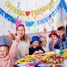 Nikcorp Baner za 13. rođendan OFFICIAL TEENAGER, viseća girlanda za nezaboravnu proslavu, sjajni ukras sa crvenim srcem, zlatna/crna/srebrna