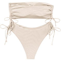 Nikcorp Dvodijelni kupaći kostim bikini push up s visokim strukom, bandeau top bez naramenica, rebrasti materijal, bež boja, M