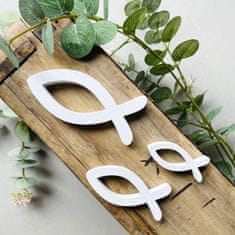 Nikcorp Drvena riba kršćanski simbol, set 9 komada, elegantna dekoracija za stol za krštenje, pričest i krizmu, bijela boja