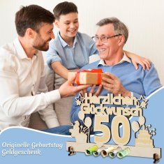 Nikcorp Drveni poklon za 50. rođendan, kreativna čestitka s 5 rupa za novčanice, laserski gravirana ploča za jubilej, 30x16,5cm