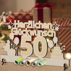 Nikcorp Drveni poklon za 50. rođendan, kreativna čestitka s 5 rupa za novčanice, laserski gravirana ploča za jubilej, 30x16,5cm
