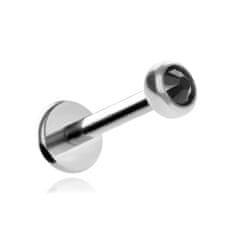 Tytanijski labret naušnica s crnim kristalom, srebrna, 1,2/6/2,5