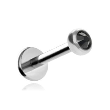 Tytanijski labret naušnica s crnim kristalom, srebrna, 1,2/6/2,5