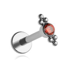 Titanski labret naušnica s crvenim cirkonom i kuglicama - srebrna 1,2/8