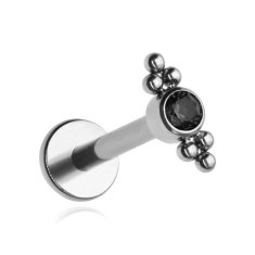 Tytanovy labret naušnica s crnim kamenčićem i kuglicama — srebrna 1,2/8