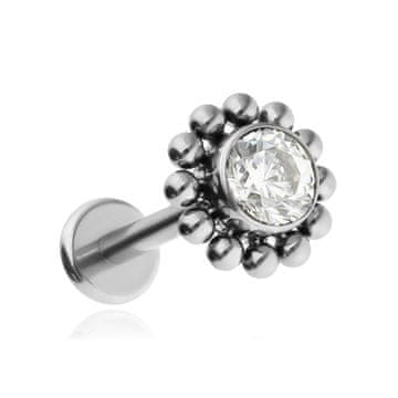 Titanski labret piercing s bijelim cirkonijem - srebrni 1,2/8