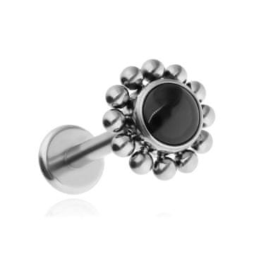 Titanski labret naušnik s crnim Agatom - srebrni 1,2/6