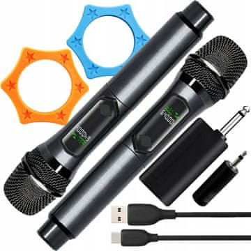 Dexxer Bežični karaoke set na baterije, 2x mikrofon, LCD i prijemnik do 50m, 2,4 GHz