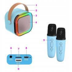 Dexxer Baterija 1200mAh karaoke zvučnik Bluetooth 5.3 2x mikrofon LED RGB plava