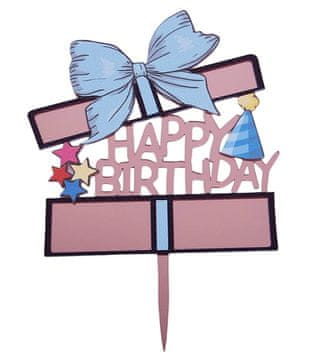 Topper od akrila Happy Birthday, ružičasto zlato i plava kokarda