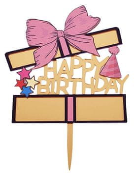 Topper akrilni Happy Birthday zlatni ružičasta kokarda