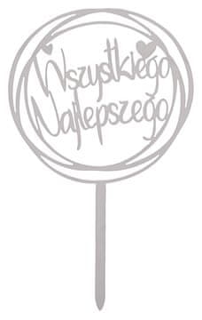 Topper za tortu Sve najbolje, akrilni, srebrni, okrugli