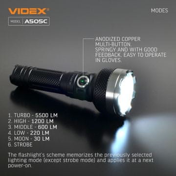 Taktička LED svjetiljka s baterijom od 20 W, dometom od 50 sati i svjetlom od 5500 lm, IP68 VLF-A505C Videx