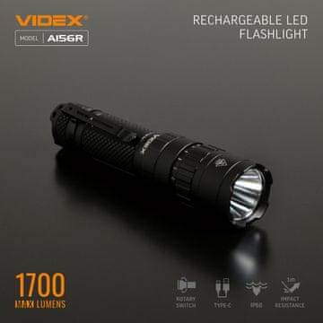 Kompaktna LED taktička svjetiljka s baterijom od 20 W, dometom od 17 h 50 min, osvjetljenjem od 1700 lm, IP68 VLF-A156R Videx