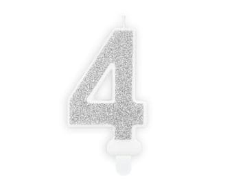 Svijeća broj "4" srebrna šljokićasta