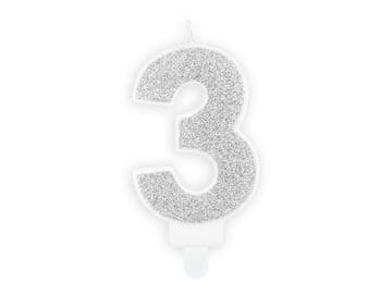 Svijeća broj "3" srebrne boje sa šljokicama