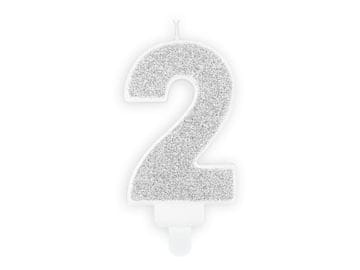 Svijeća brojka "2" srebrna šljokičava