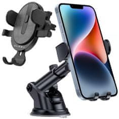 2-u-1 držač za automobil za telefone od 6,5", gravitacijski nosač, za vjetrobransko staklo, nadzornu ploču, rešetku, jednostavno pričvršćivanje jednim dodirom, crni