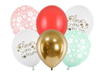 PartyDeco Volim te mama lateks baloni za Majčin dan, cvijeće 30 cm, 6 komada